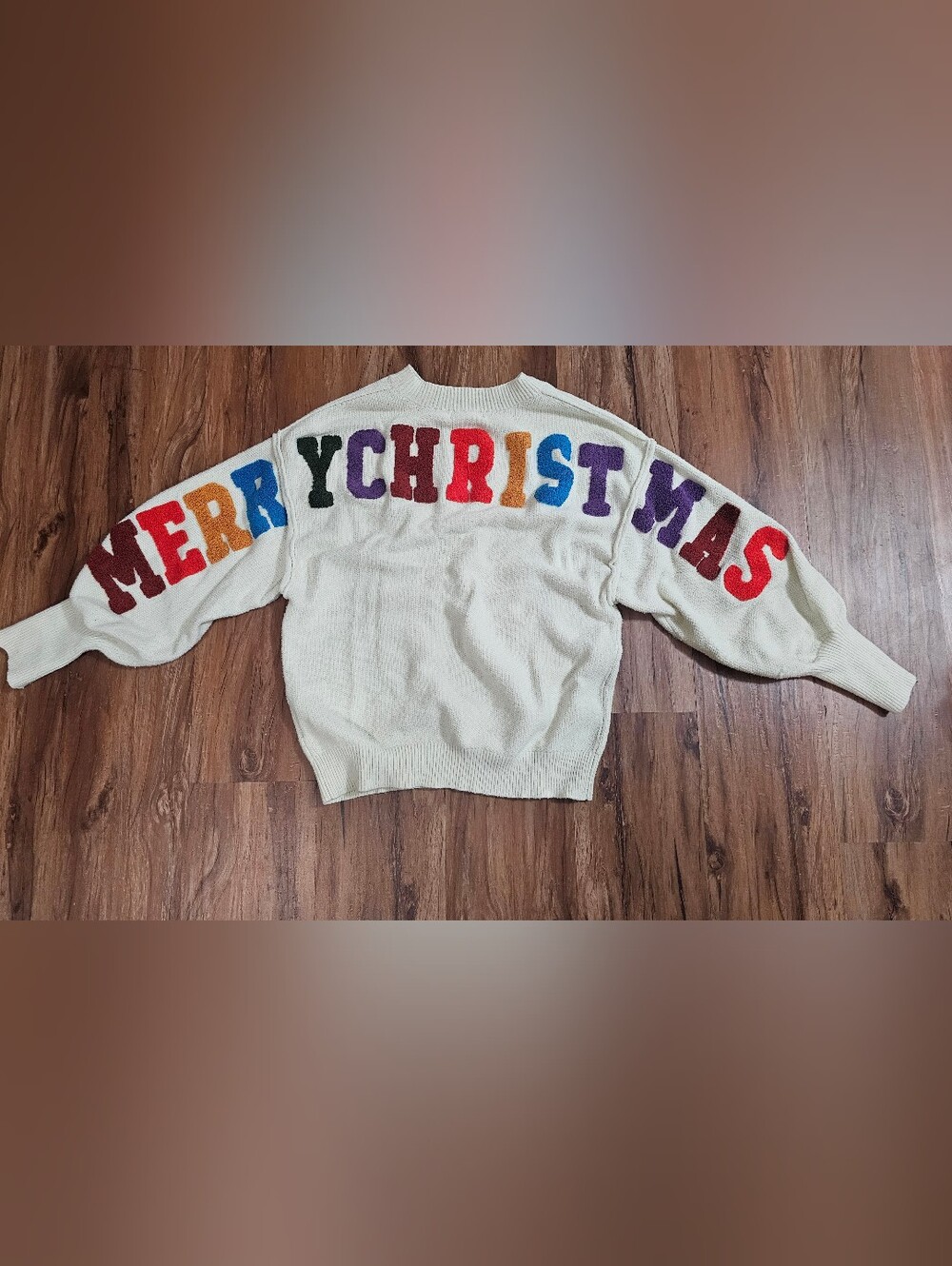 J.O.A. Cream Textured Crewneck Sweater Merry Christmas Mod Boutique Small